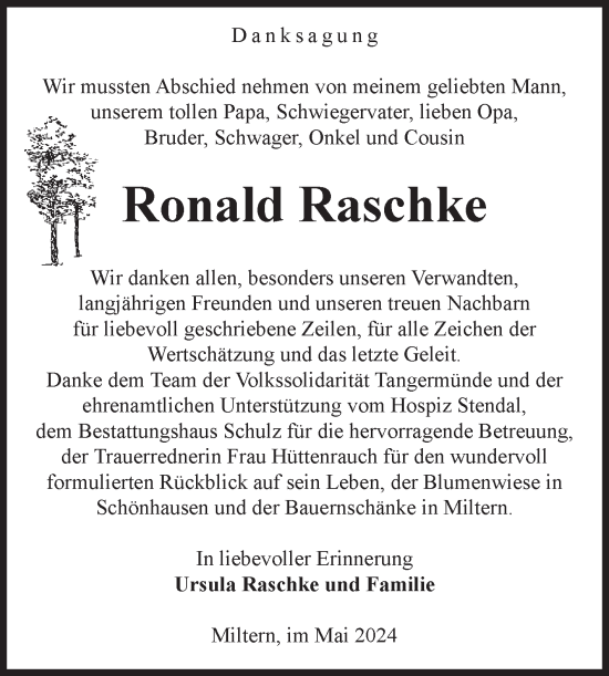 Traueranzeige von Ronald Raschke von Volksstimme Altmark Ost