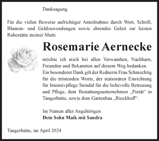 Traueranzeige von Rosemarie Aernecke von Volksstimme Altmark Ost