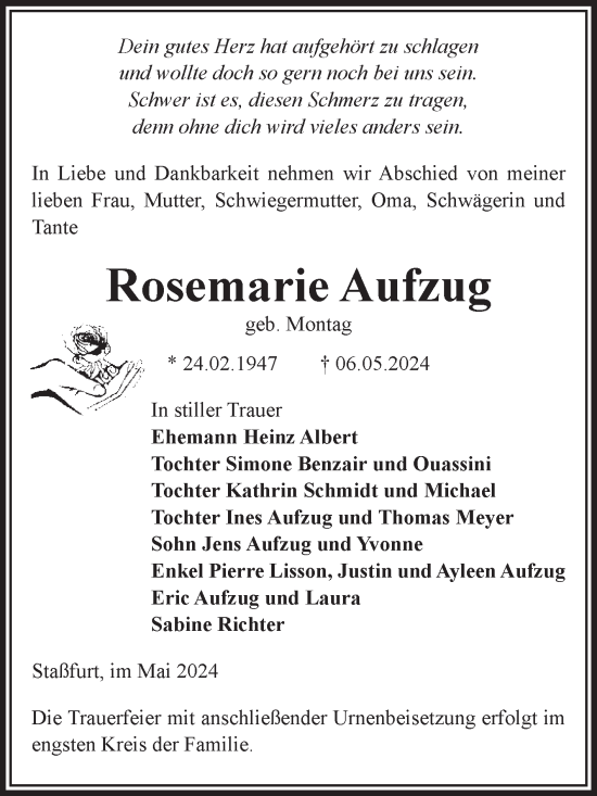 Traueranzeige von Rosemarie Aufzug von Volksstimme Staßfurt