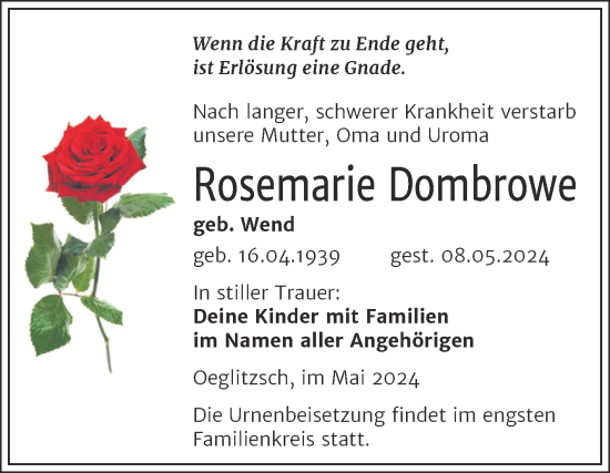 Traueranzeige von Rosemarie Dombrowe von Trauerkombi Weißenfels