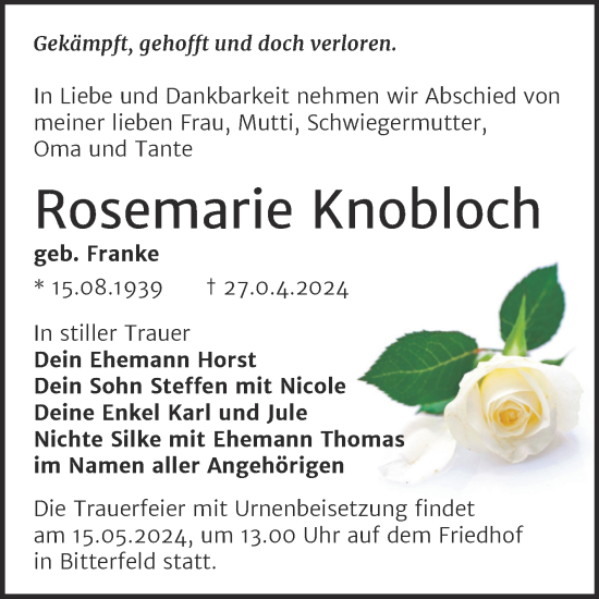 Traueranzeige von Rosemarie Knobloch von Trauerkombi Bitterfeld