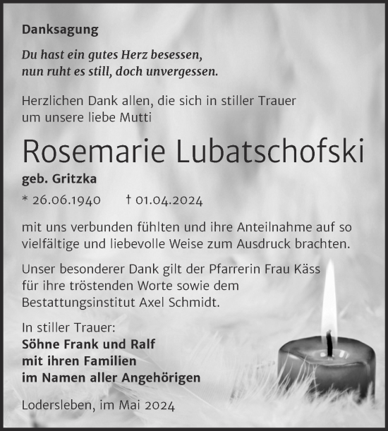 Traueranzeige von Rosemarie Lubatschofski von Trauerkombi Merseburg