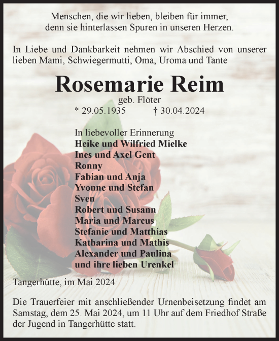 Traueranzeige von Rosemarie Reim von Volksstimme Altmark Ost