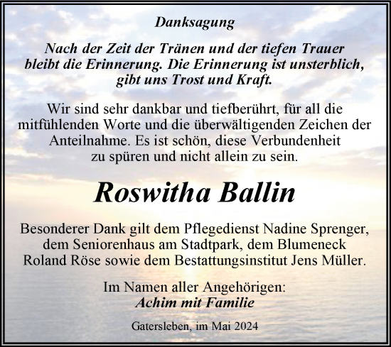 Traueranzeige von Roswitha Ballin von Trauerkombi Aschersleben