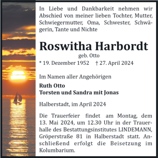 Traueranzeige von Roswitha Harbordt von Volksstimme Halberstadt