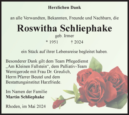 Traueranzeige von Roswitha Schliephake von Volksstimme Halberstadt