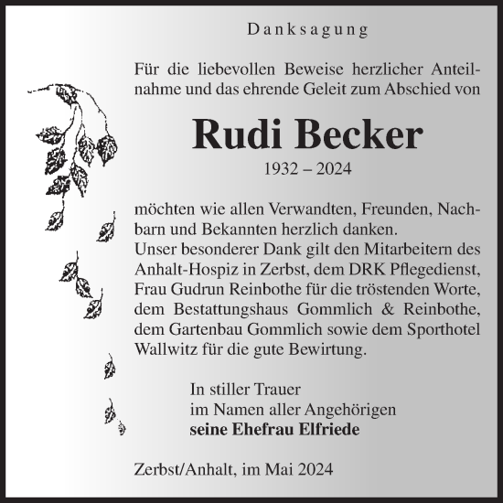 Traueranzeige von Rudi Becker von Volksstimme Zerbst