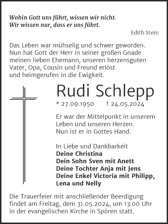 Traueranzeige von Rudi Schlepp von Mitteldeutsche Zeitung Bitterfeld
