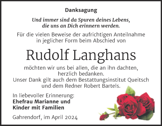 Traueranzeige von Rudolf Langhans von Trauerkombi Köthen