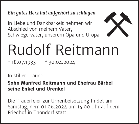 Traueranzeige von Rudolf Reitmann von Trauerkombi Mansfelder Land