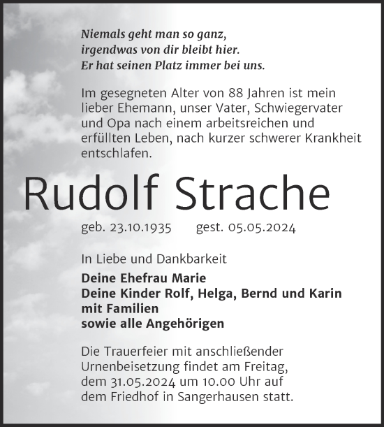 Traueranzeige von Rudolf Strache von Trauerkombi Sangerhausen