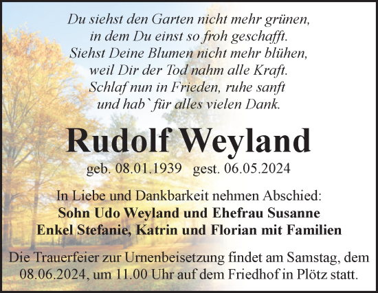 Traueranzeige von Rudolf Weyland von Mitteldeutsche Zeitung Halle/Saalkreis