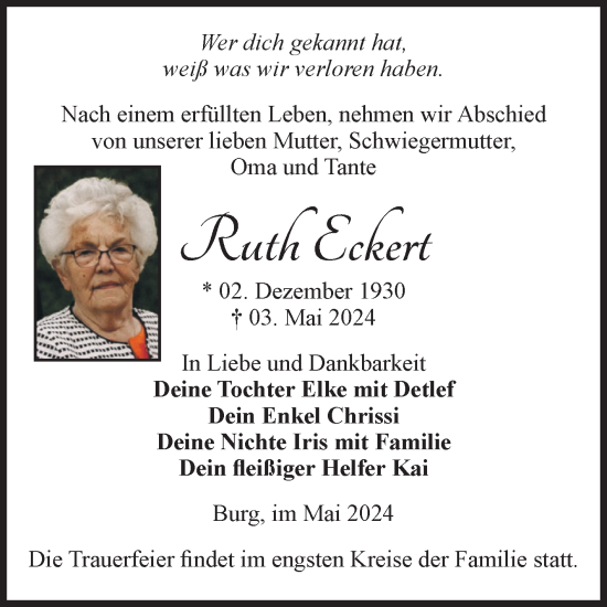 Traueranzeige von Ruth Eckert von Volksstimme Burg/Genthin