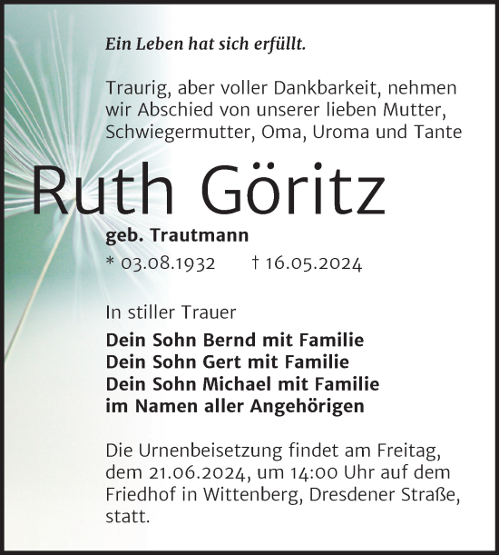 Traueranzeige von Ruth Göritz von Trauerkombi Wittenberg