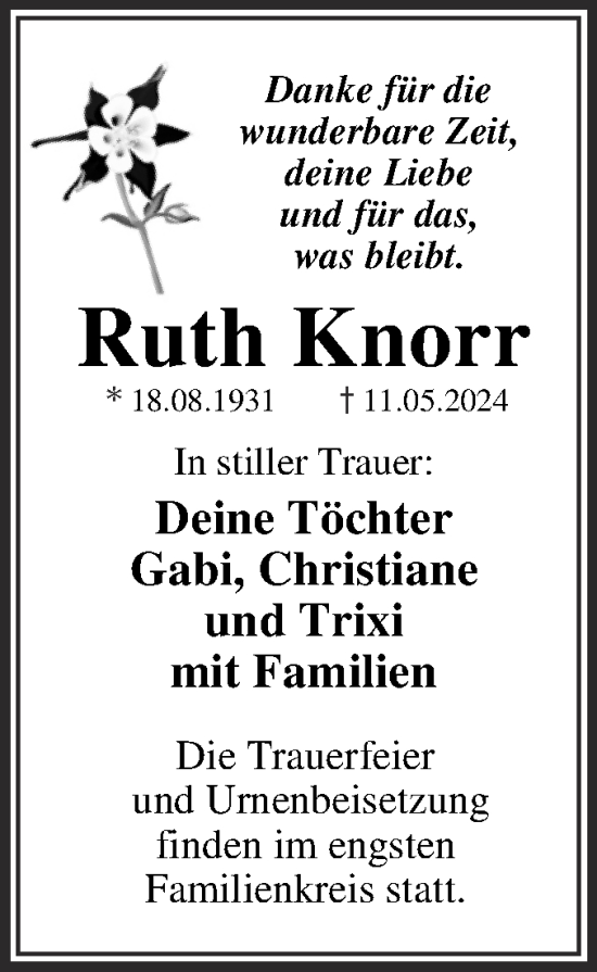 Traueranzeige von Ruth Knorr von Trauerkombi Dessau