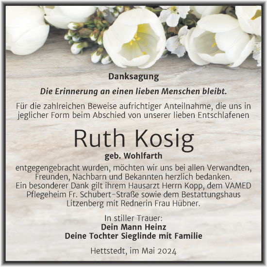 Traueranzeige von Ruth Kosig von Trauerkombi Mansfelder Land
