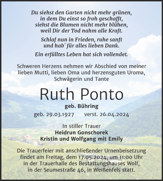 Traueranzeige von Ruth Ponto von Trauerkombi Weißenfels