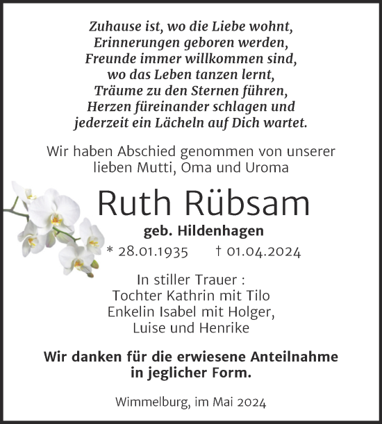 Traueranzeige von Ruth Rübsam von Trauerkombi Mansfelder Land