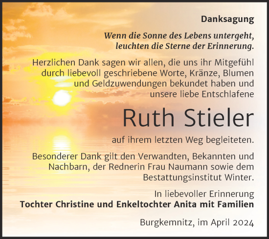 Traueranzeige von Ruth Stieler von Trauerkombi Bitterfeld