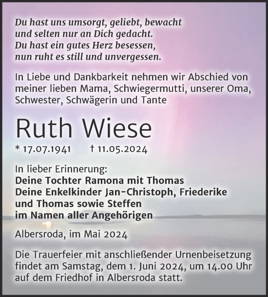 Traueranzeige von Ruth Wiese von Trauerkombi Merseburg