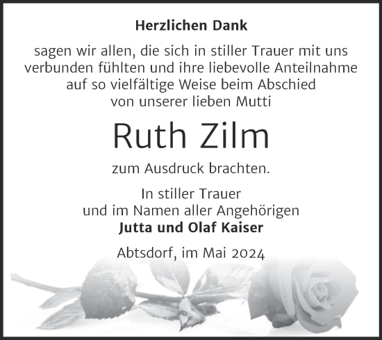 Traueranzeige von Ruth Zilm von Trauerkombi Wittenberg