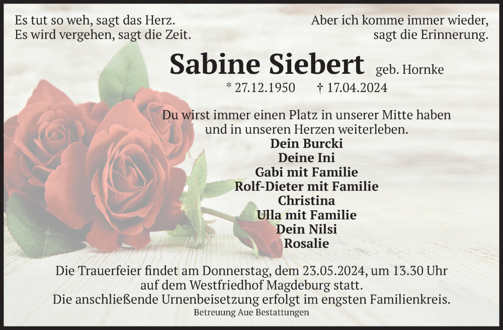  Traueranzeige für Sabine Siebert vom 11.05.2024 aus Volksstimme Magdeburg