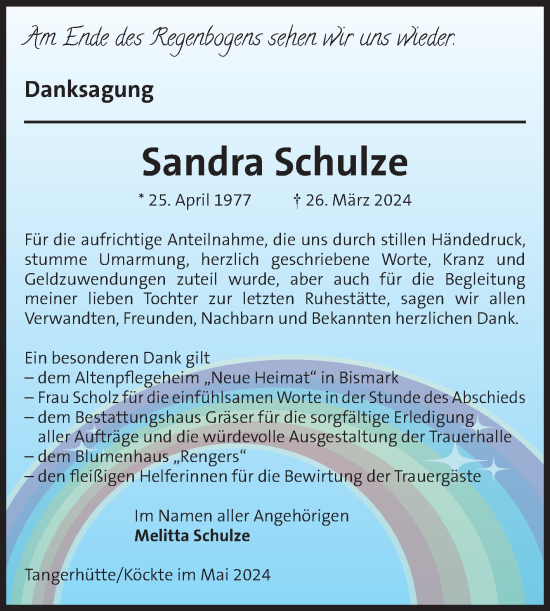 Traueranzeige von Sandra Schulze von Volksstimme Altmark Ost