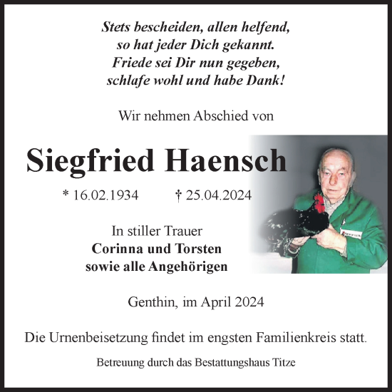 Traueranzeige von Siegfried Haensch von Volksstimme Burg/Genthin