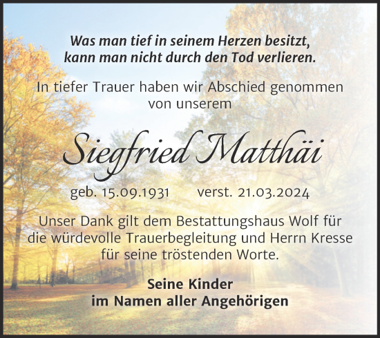 Traueranzeige von Siegfried Matthäi von Trauerkombi Weißenfels
