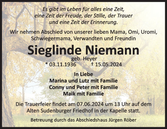 Traueranzeige von Sieglinde Niemann von Volksstimme Magdeburg