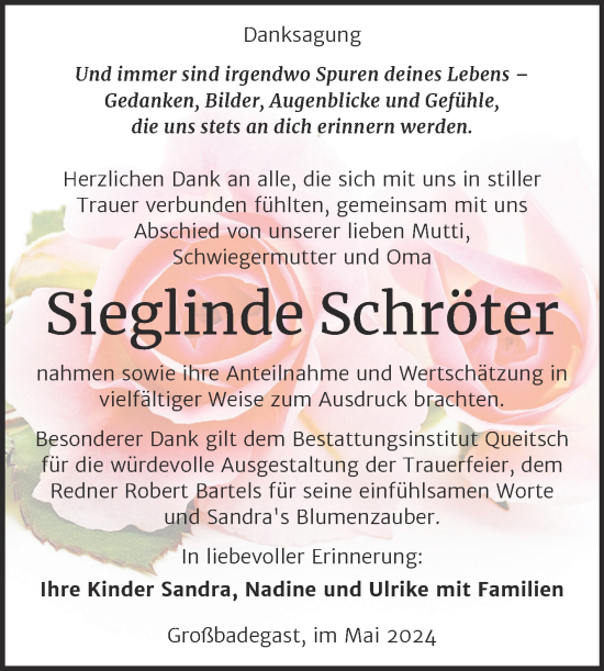 Traueranzeige von Sieglinde Schröter von Trauerkombi Köthen