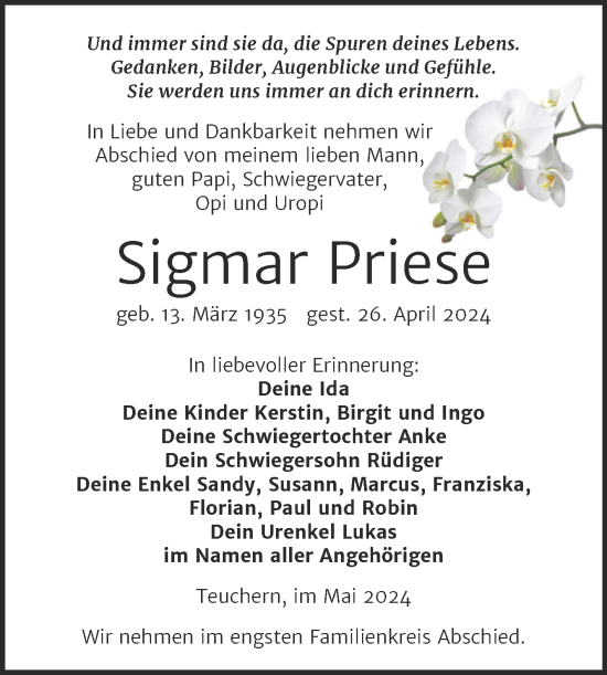 Traueranzeige von Sigmar Priese von Trauerkombi Weißenfels