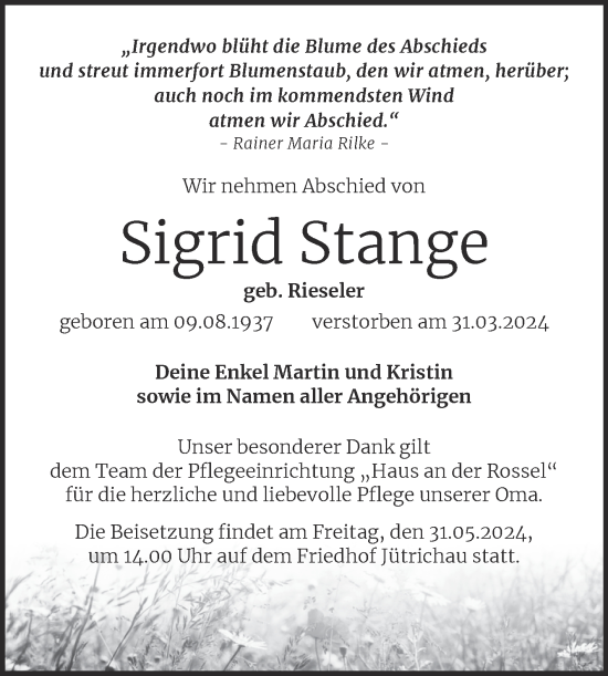 Traueranzeige von Sigrid Stange von Volksstimme Zerbst