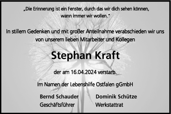 Traueranzeige von Stephan Kraft von Volksstimme Haldensleben/Wolmirstedt