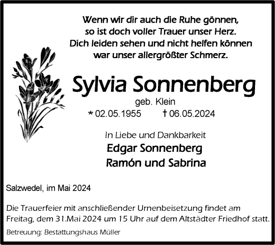 Traueranzeige von Sylvia Sonnenberg von Volksstimme Altmark West