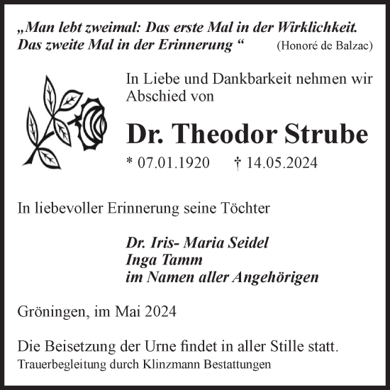 Traueranzeige von Theodor Strube von Volksstimme Oschersleben/Wanzleben