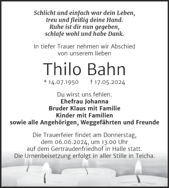 Traueranzeige von Thilo Bahn von Mitteldeutsche Zeitung Halle/Saalkreis
