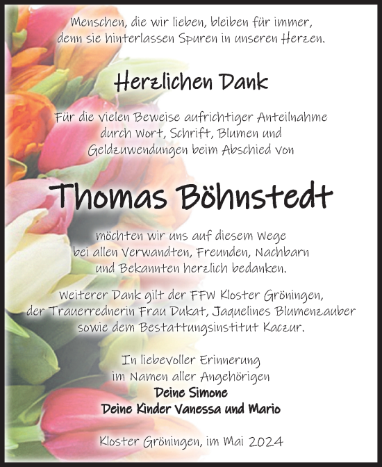 Traueranzeige von Thomas Böhnstedt von Volksstimme Oschersleben/Wanzleben