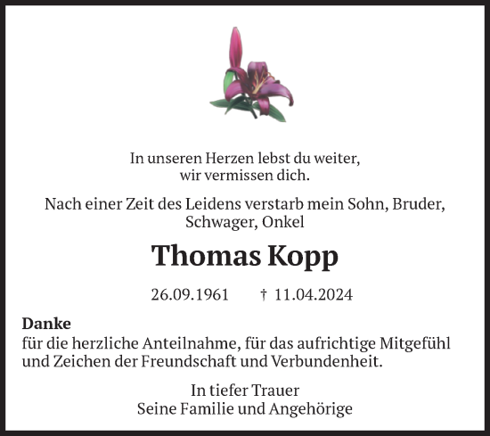 Traueranzeige von Thomas Kopp von Volksstimme Burg/Genthin