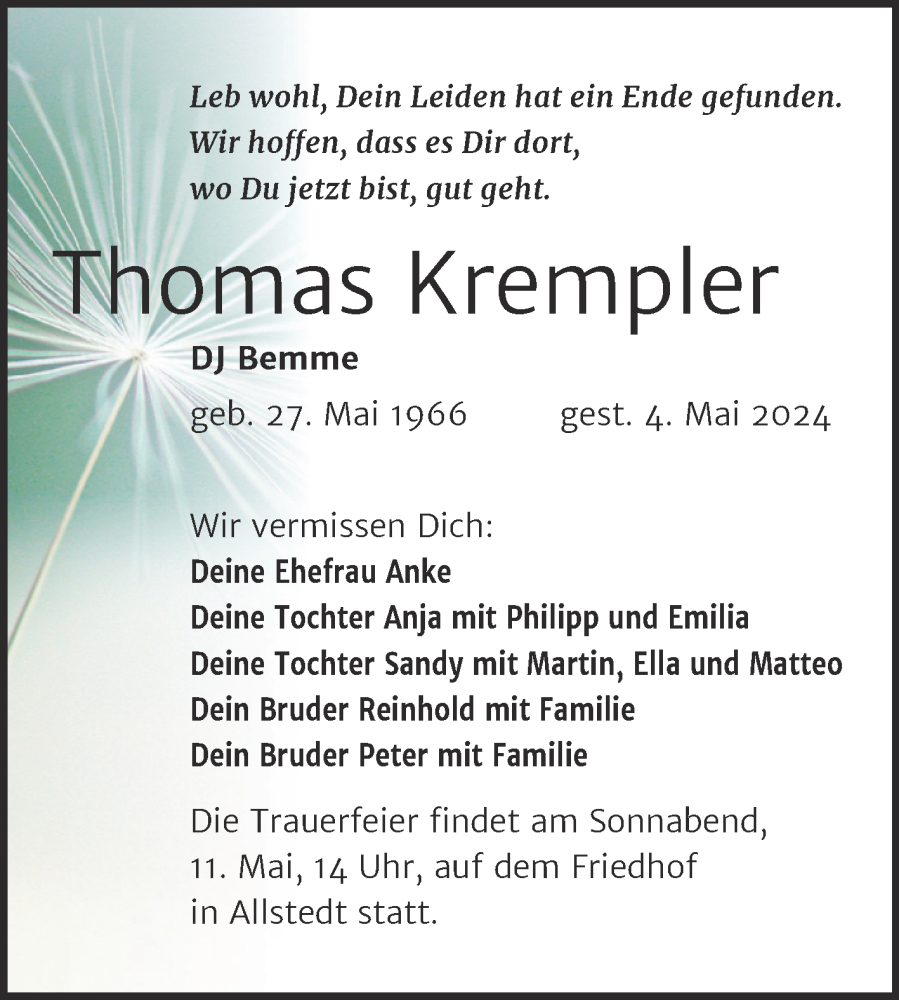  Traueranzeige für Thomas Krempler vom 08.05.2024 aus Trauerkombi Sangerhausen