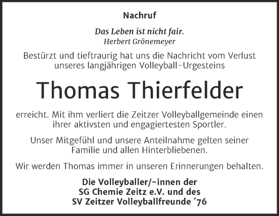 Traueranzeige von Thomas Thierfelder von Trauerkombi Zeitz