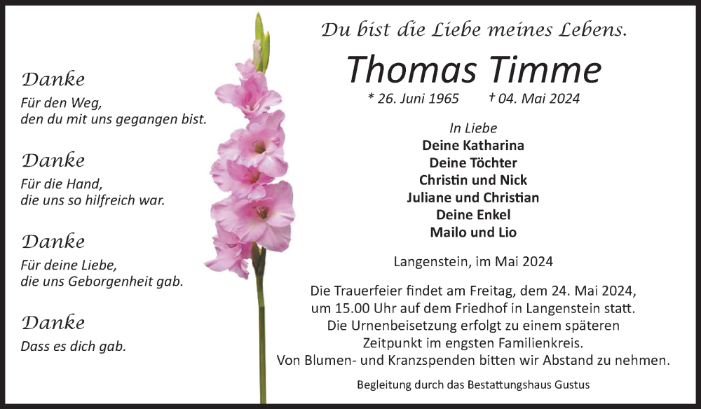  Traueranzeige für Thomas Timme vom 11.05.2024 aus Volksstimme Halberstadt