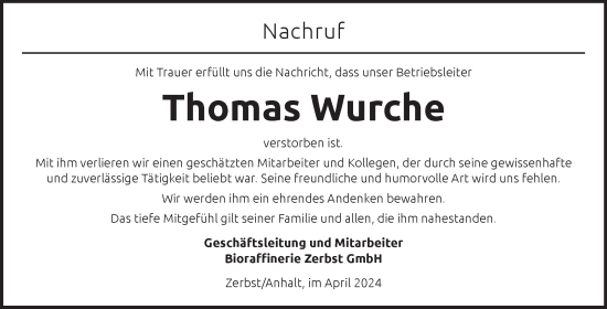 Traueranzeige von Thomas Wurche von Volksstimme Zerbst