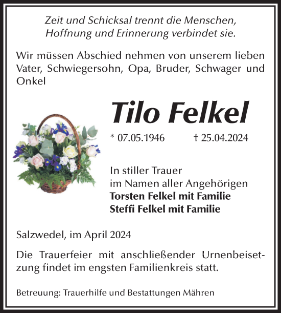 Traueranzeige von Tilo Felkel von Volksstimme Altmark West