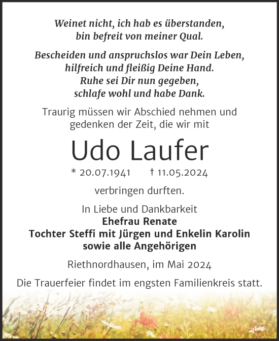 Traueranzeige von Udo Laufer von Trauerkombi Sangerhausen