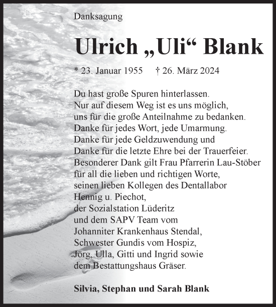 Traueranzeige von Ulrich Blank von Volksstimme Altmark Ost
