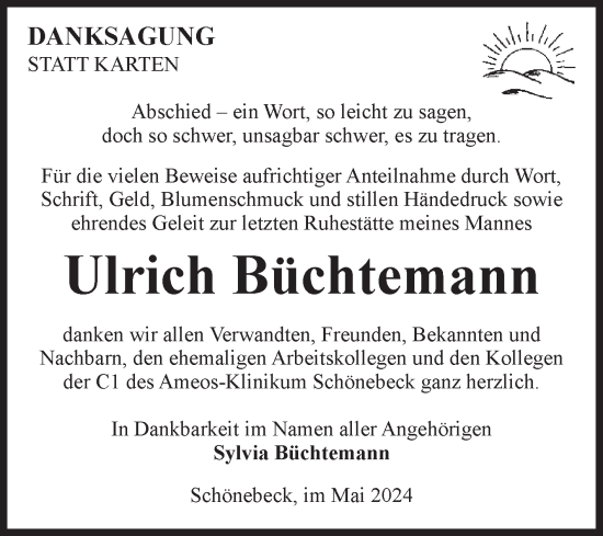 Traueranzeige von Ulrich Büchtemann von Volksstimme Schönebeck