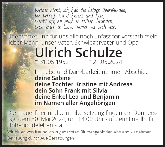 Traueranzeige von Ulrich Schulze von Volksstimme Oschersleben/Wanzleben
