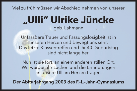 Traueranzeige von Ulrike Jüncke von Volksstimme Altmark West