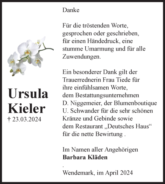Traueranzeige von Ursula Kieler von Volksstimme Altmark Ost